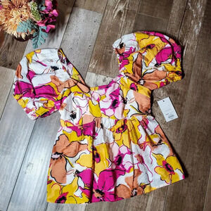 NWT Nine West Women's Babydoll Top Size XS White Pink Yellow Floral Off Shoulder